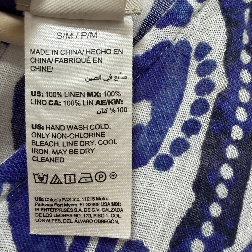 Chicos Womens 100% Linen Ikat Poncho Size S/M Blue Beach Resort Swim Cover Up
